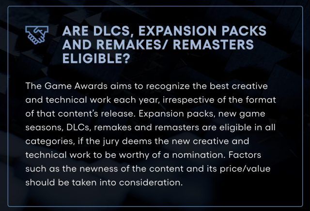 The Game Awards: DLC, Expansions, Remakes, and Remasters Can Win Any Award
